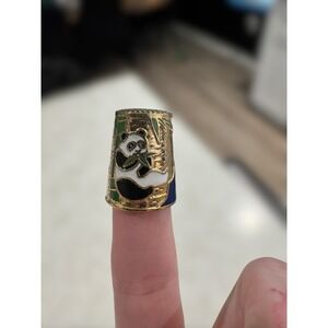 Vintage Cloisonné Panda Thimble‎ Gold Tone Collectible Sewing Needlework Craft